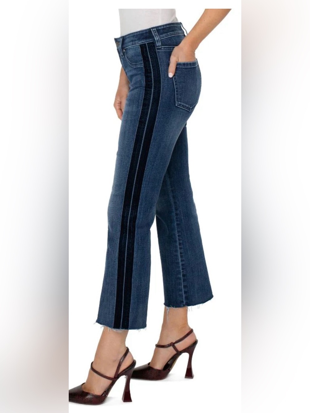 Liverpool Dark Blue Jeans with navy velvet Tuxedo side stripe. 10/30 sizing.